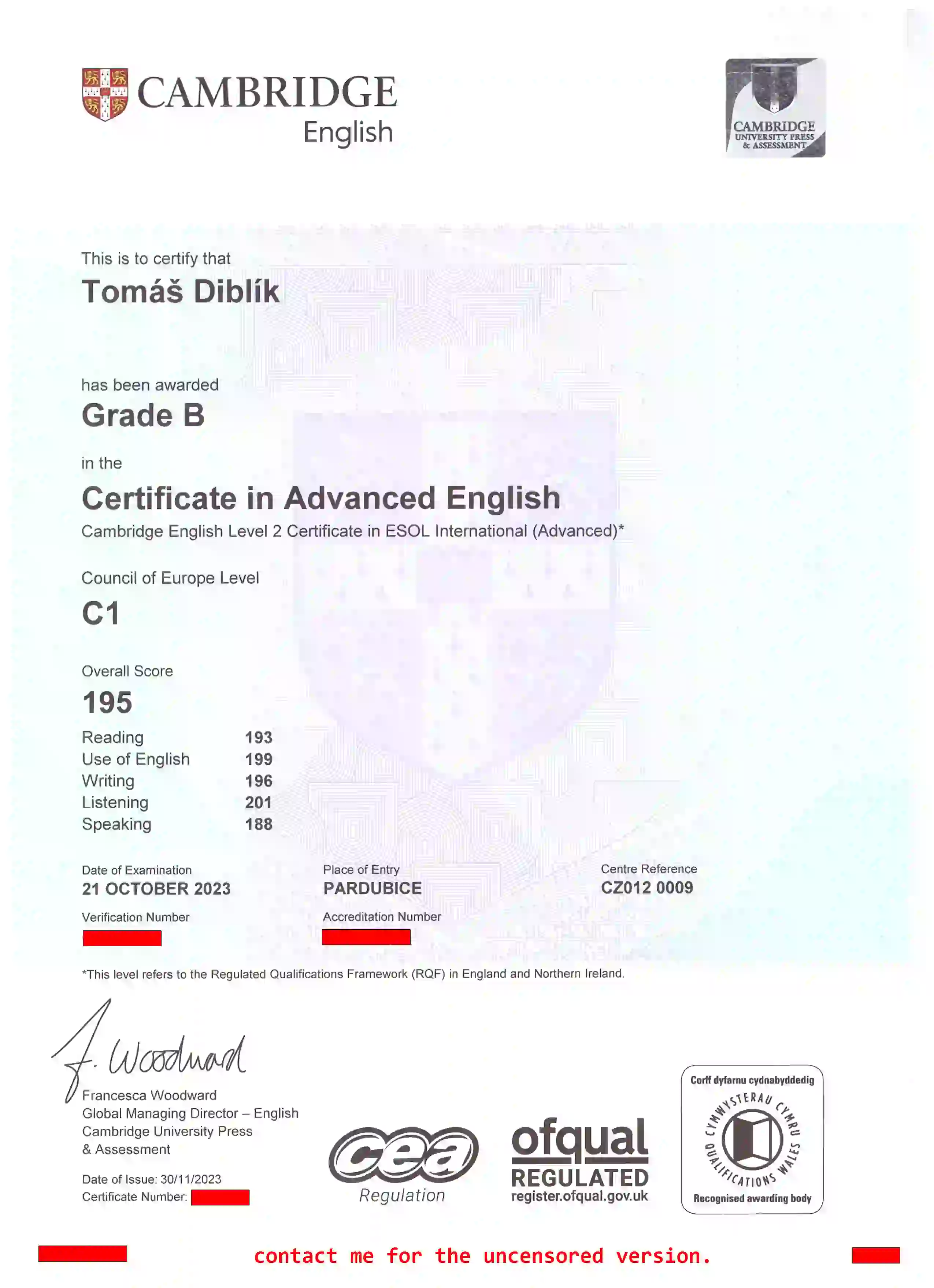 CAE C1 - Grade B certificate
